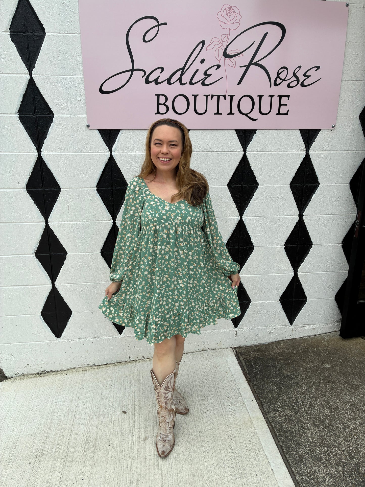 Floral Green Long-sleeve Dress