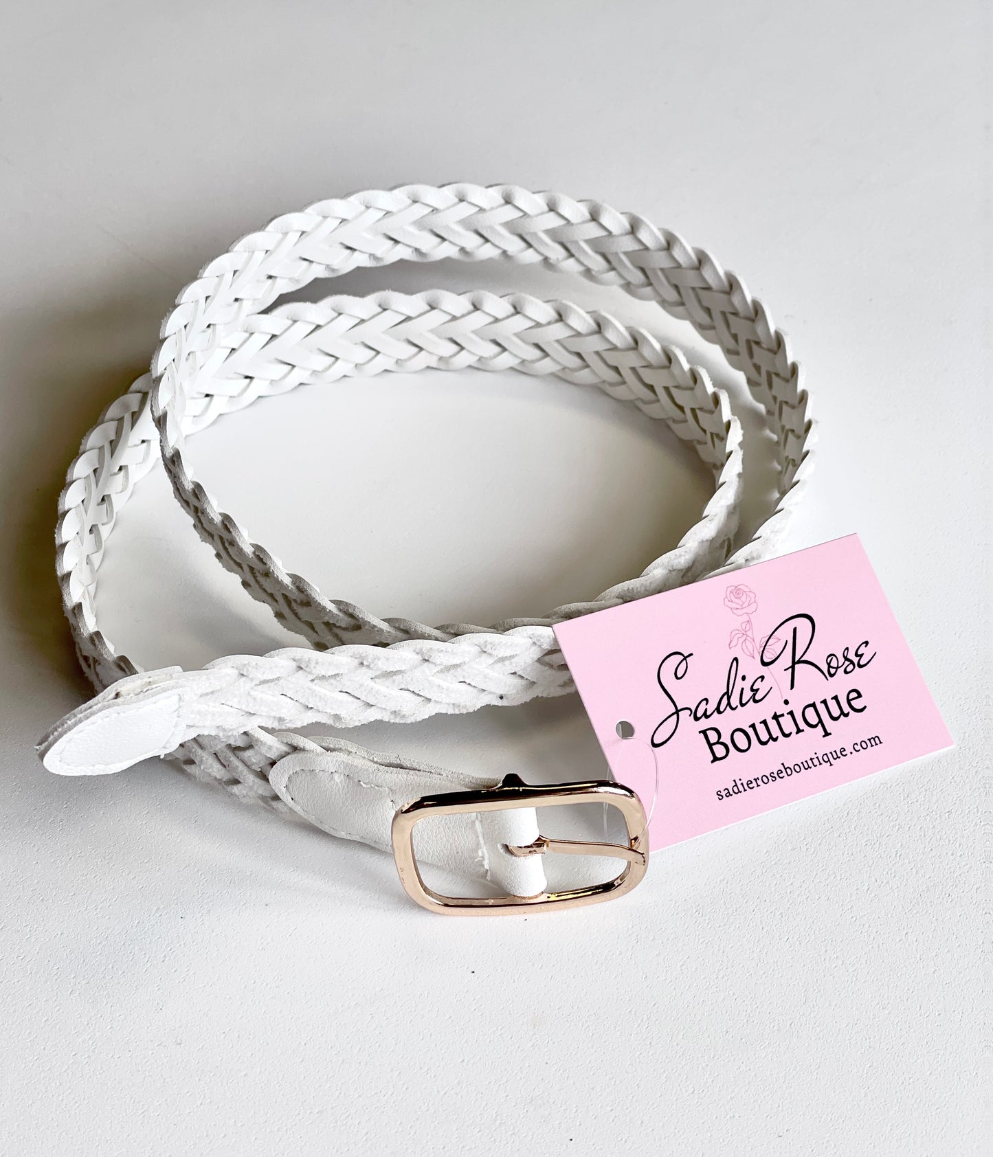 White Woven Belt with Rectangular Gold Hardwear