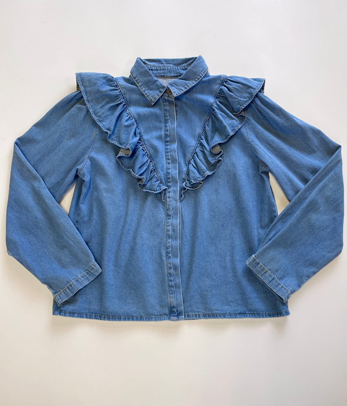 Blue Ruffle Denim Longsleeve Blouse
