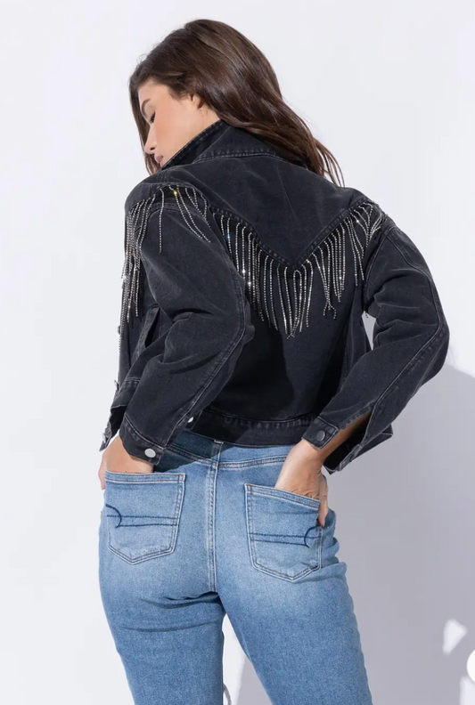 Black Bling Fringe Denim Jacket