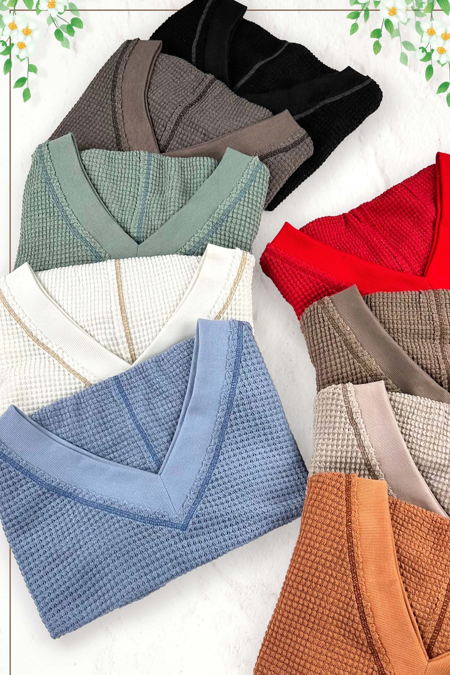Sage Loose Fit V-neck Waffle Textured Long Sleeve Top