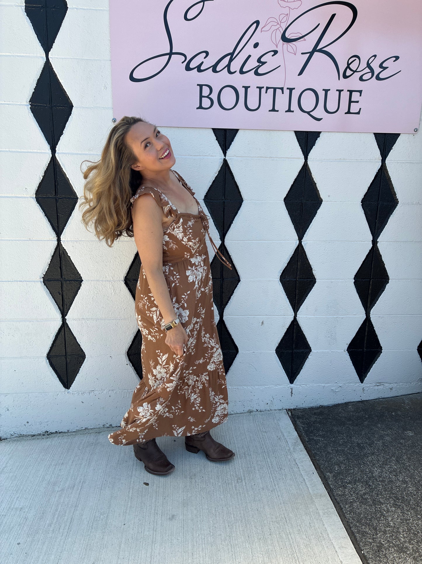 Brown Floral Empire Waist Dress
