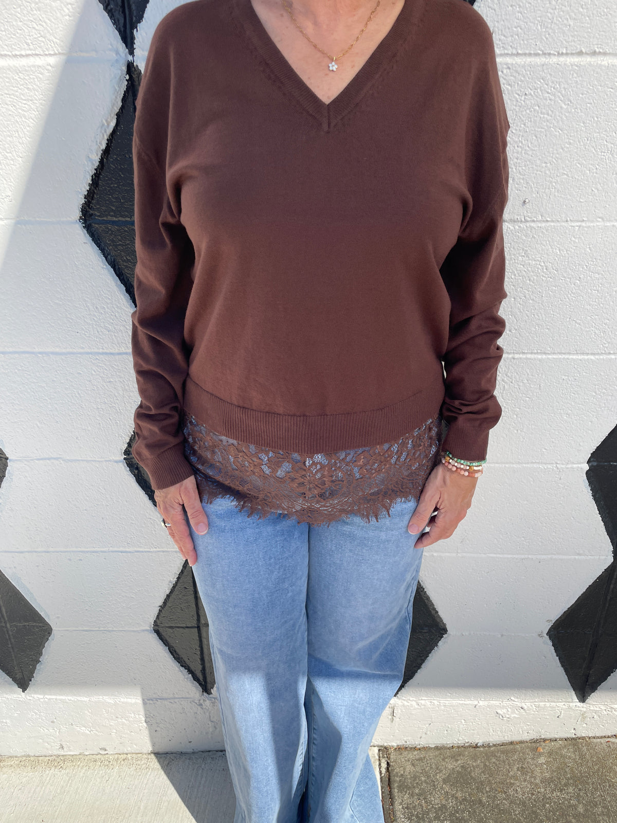 Brown Lace Trim Sweater