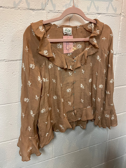 Tan & White Embroidered Blouse