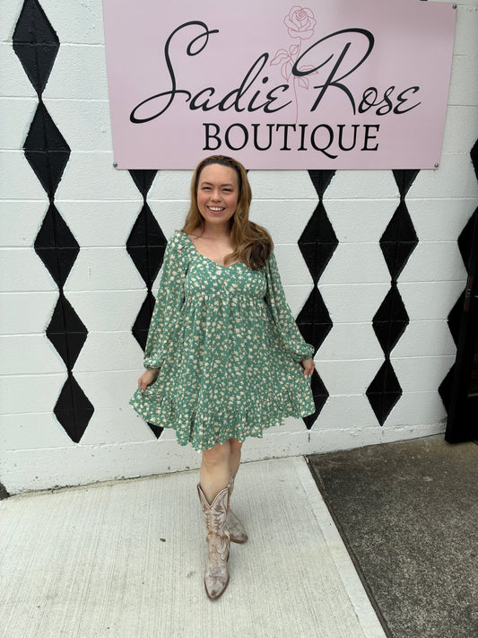 Floral Green Long-sleeve Dress