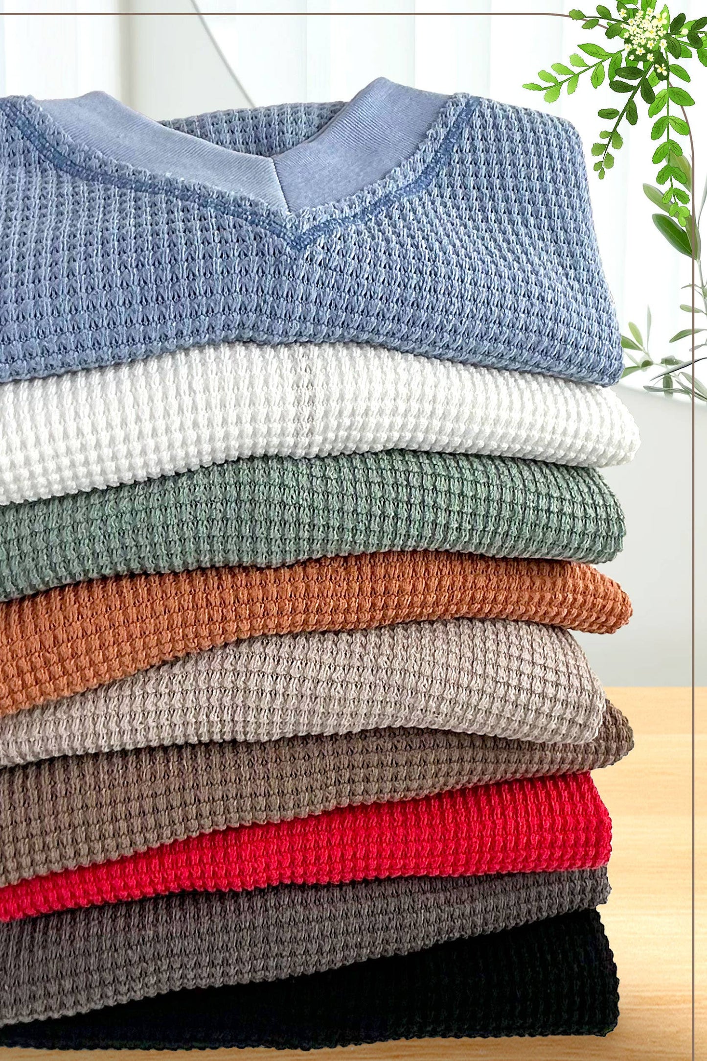 Sage Loose Fit V-neck Waffle Textured Long Sleeve Top