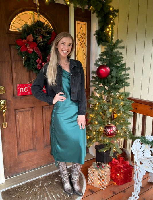 Turquoise Satin Cowl Neck Midi Dress