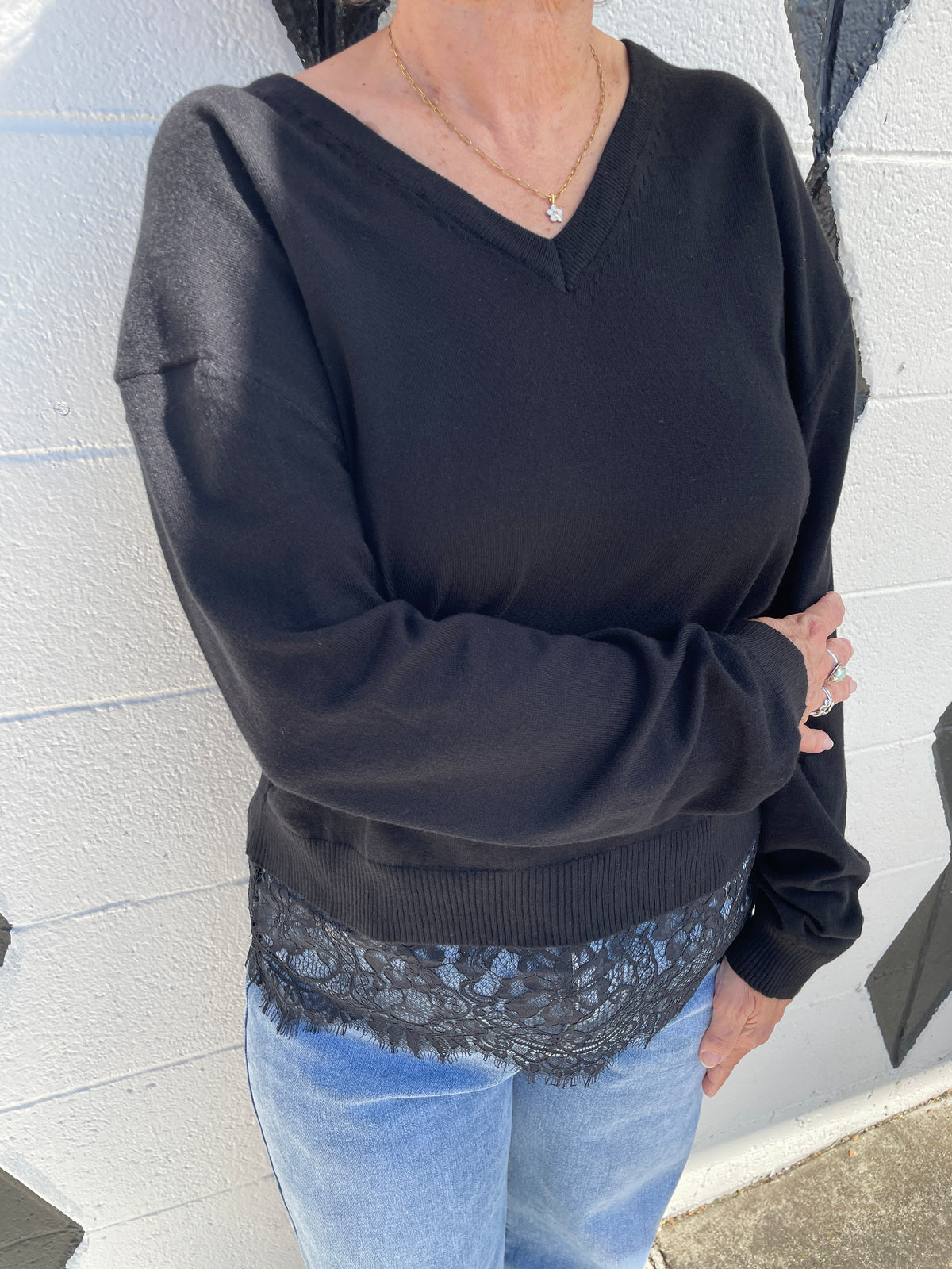 Black Lace Trim Sweater