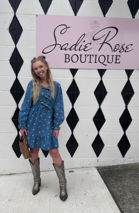 Denim Bow Tie Long Sleeve Dress