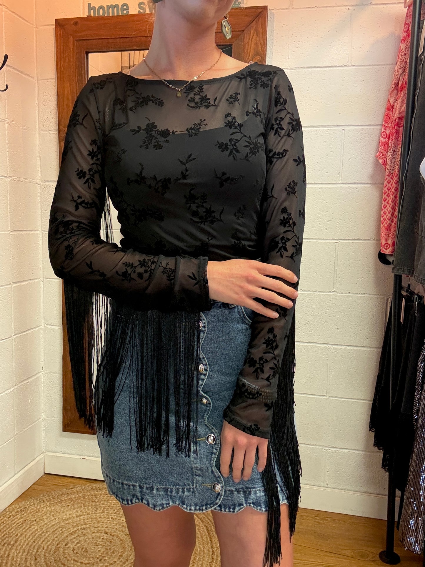 Black Velvet Fringe Blouse