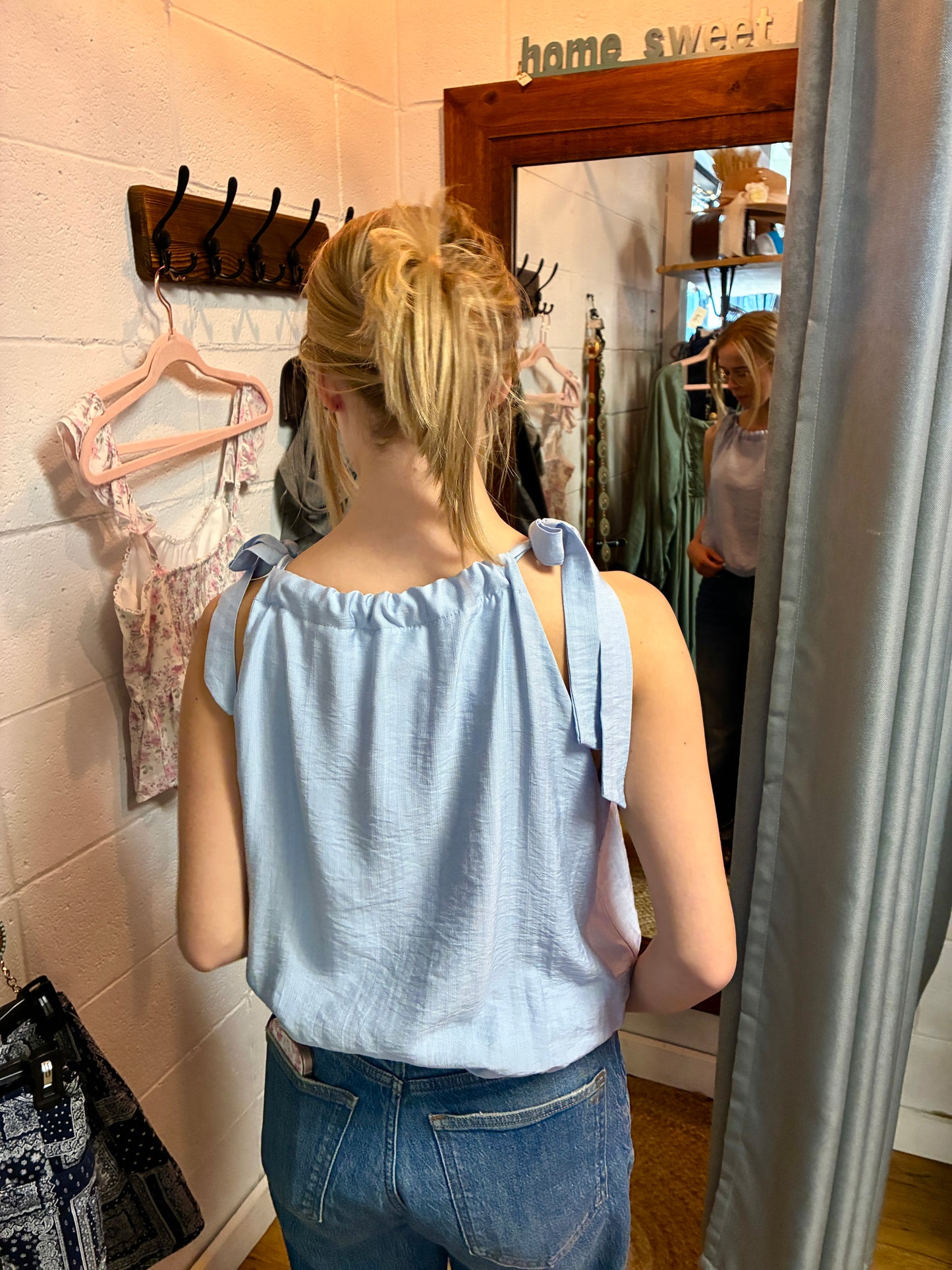 Blue Tie-Sleeve Blouse