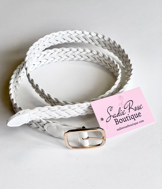 White Woven Belt with Rectangular Gold Hardwear