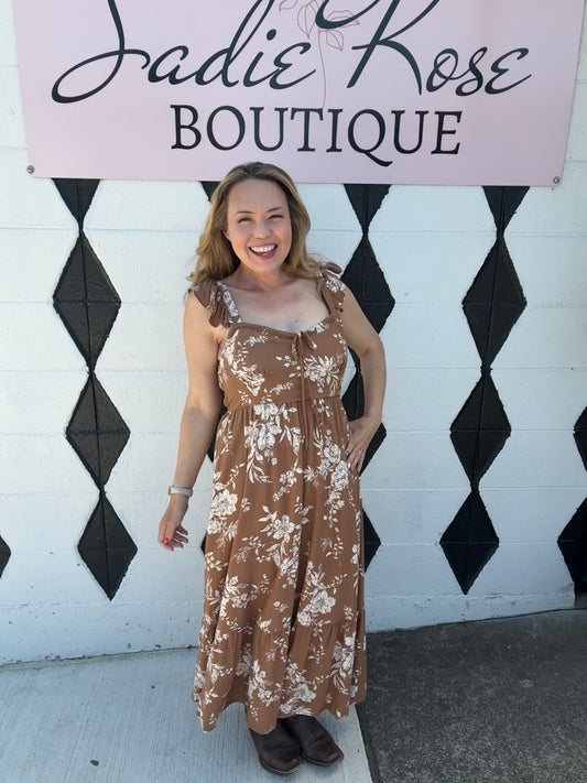 Brown Floral Empire Waist Dress