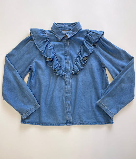 Blue Ruffle Denim Longsleeve Blouse