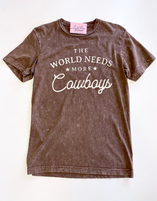 “The World Needs More Cowboys” Brown Distressed Tee
