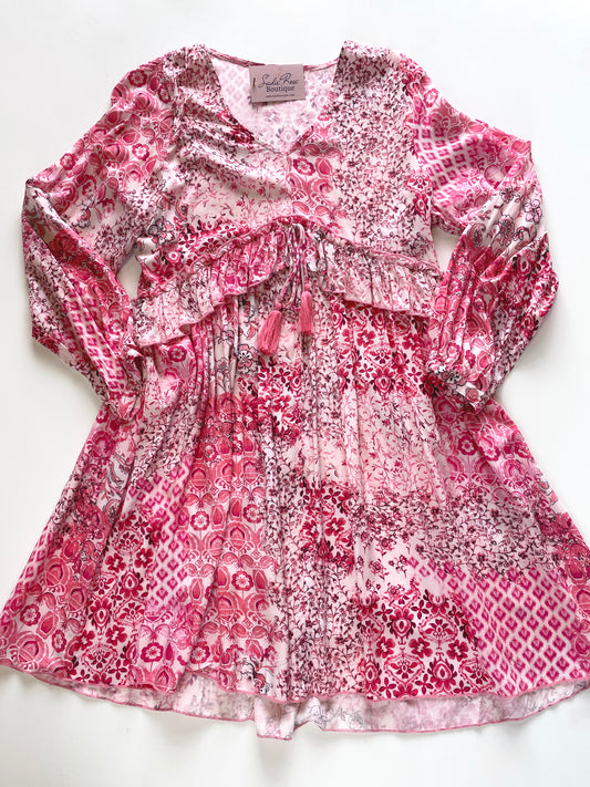 Pink Patterned Long-sleeve Dress