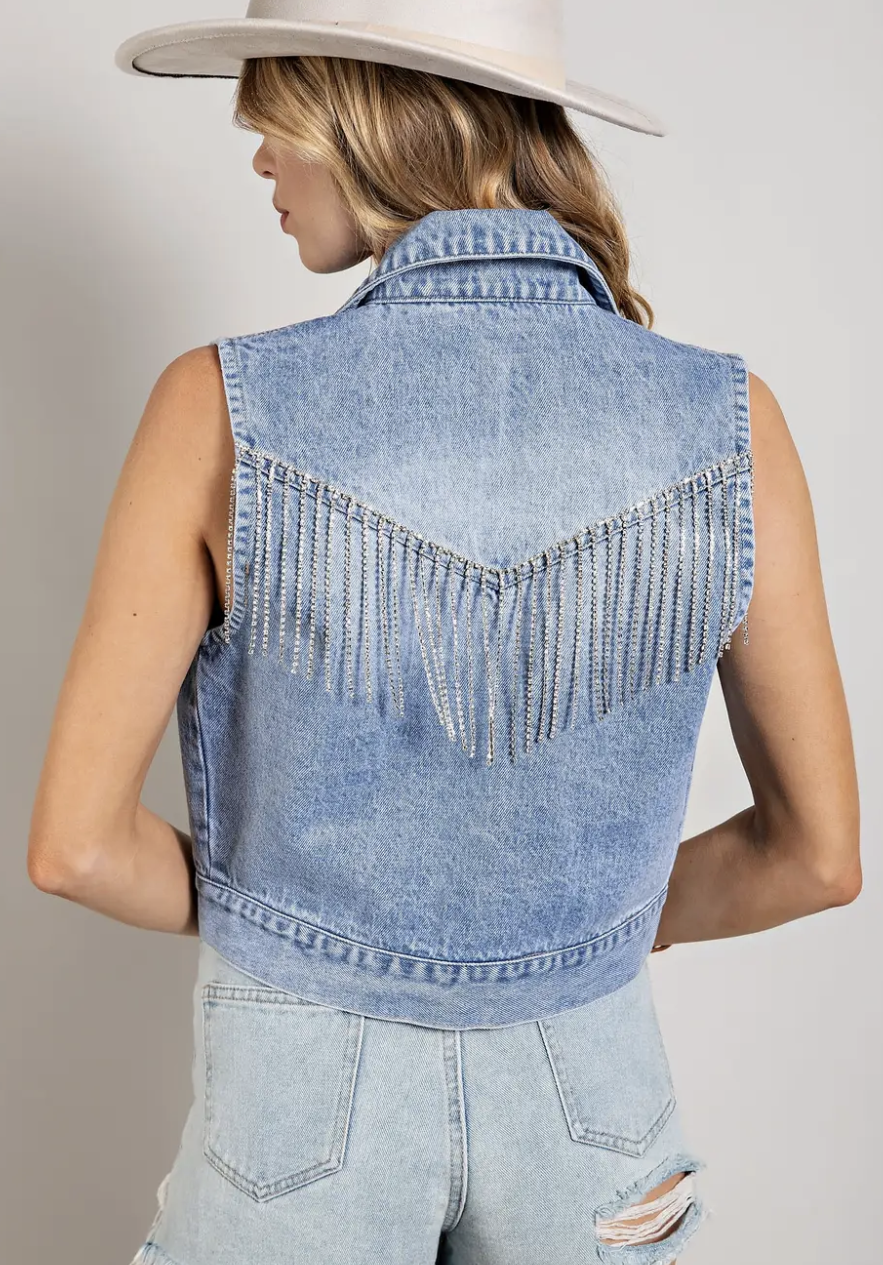 Rhinestone Fringe Denim Vest
