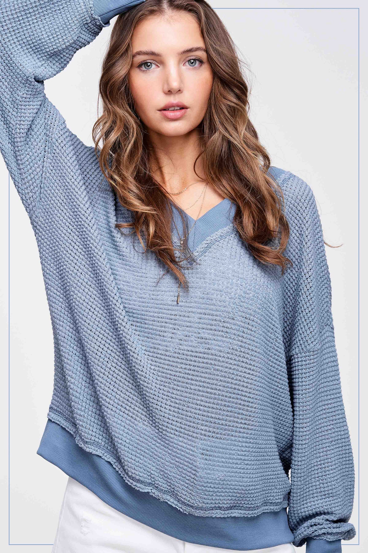 Denim Blue Loose Fit V-neck Waffle Textured Long Sleeve Top