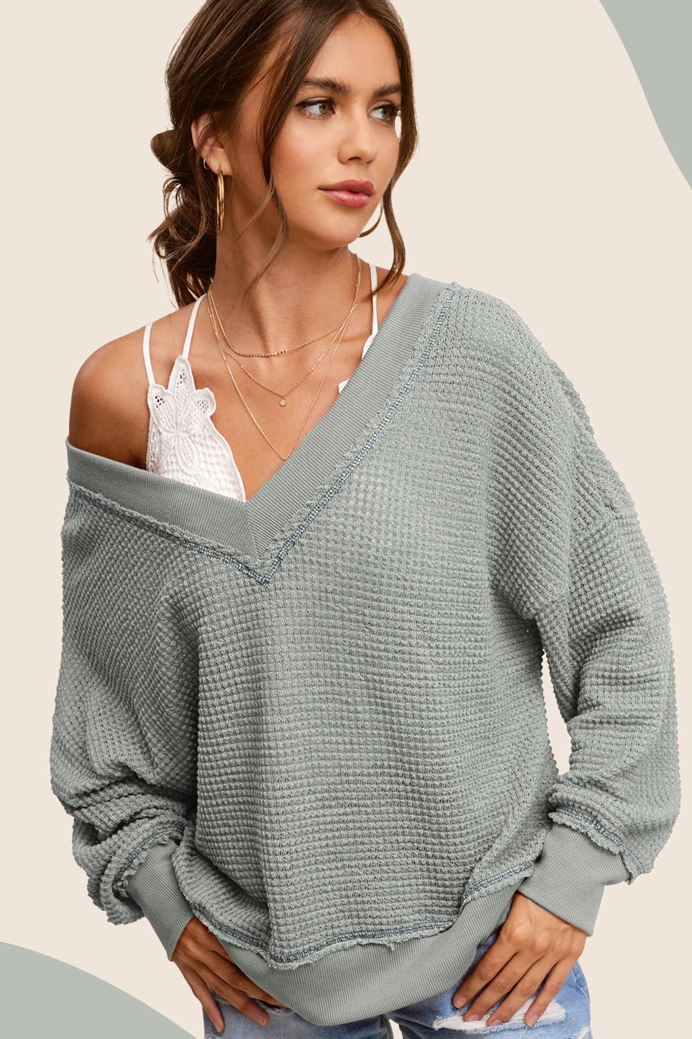 Sage Loose Fit V-neck Waffle Textured Long Sleeve Top