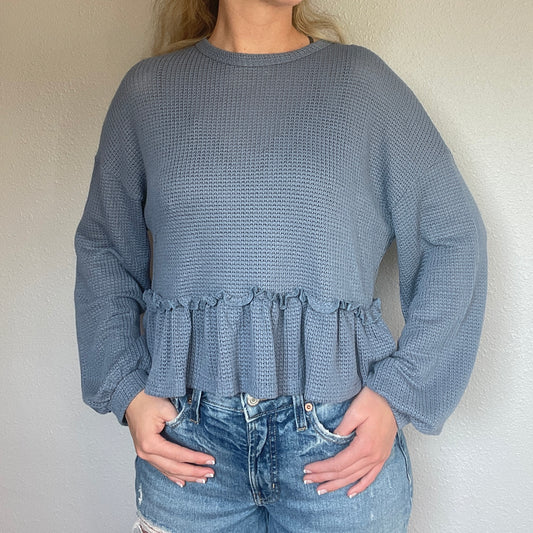 Blue Waffle Knit Ruffle Top